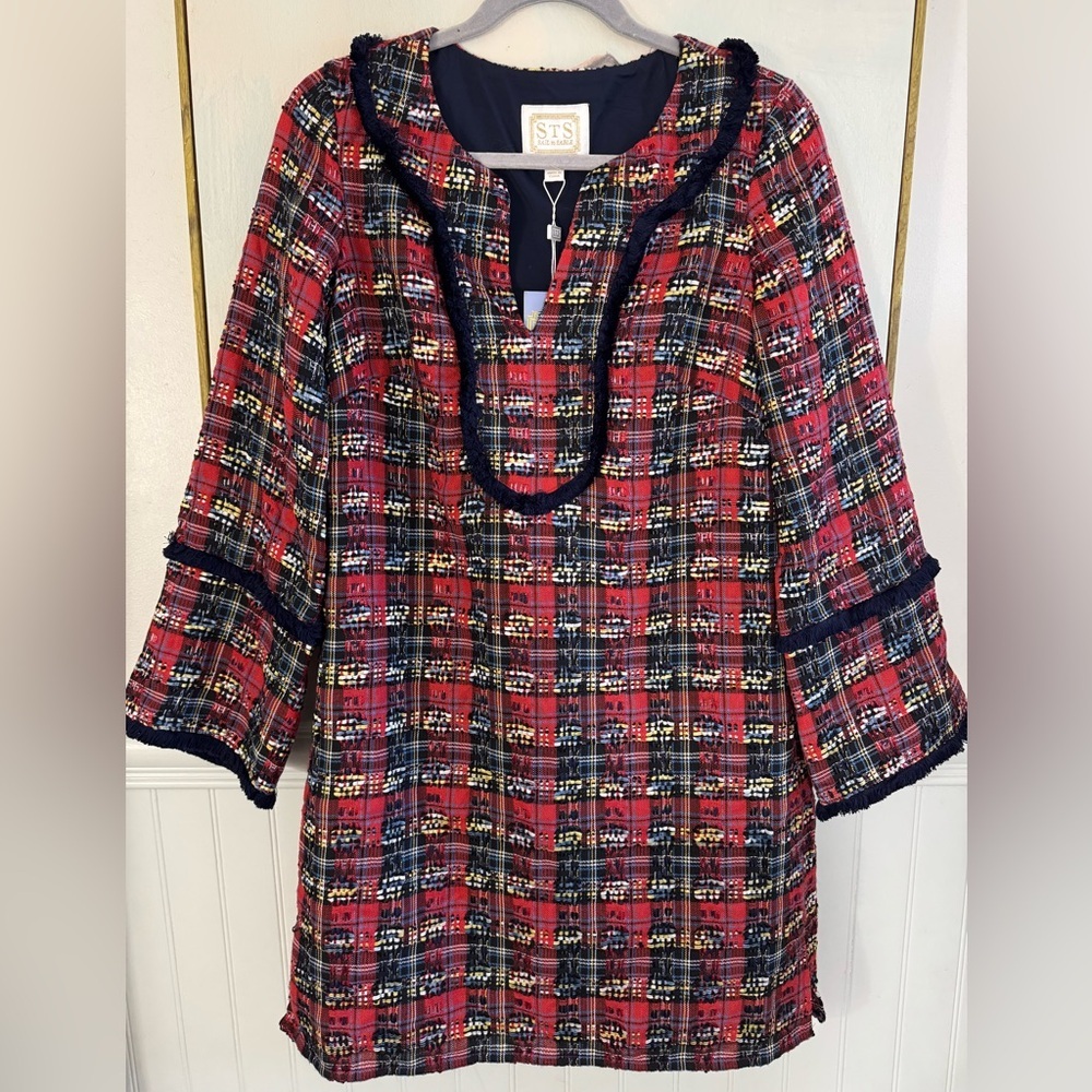 Sail To Sable Red Navy Yellow Tartan Tunic Fringe Dress Nwt Size Small